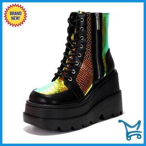 Holographic Platform Ankle Boots Chunky Heel Pointed Toe PU Leather Buckle Strap